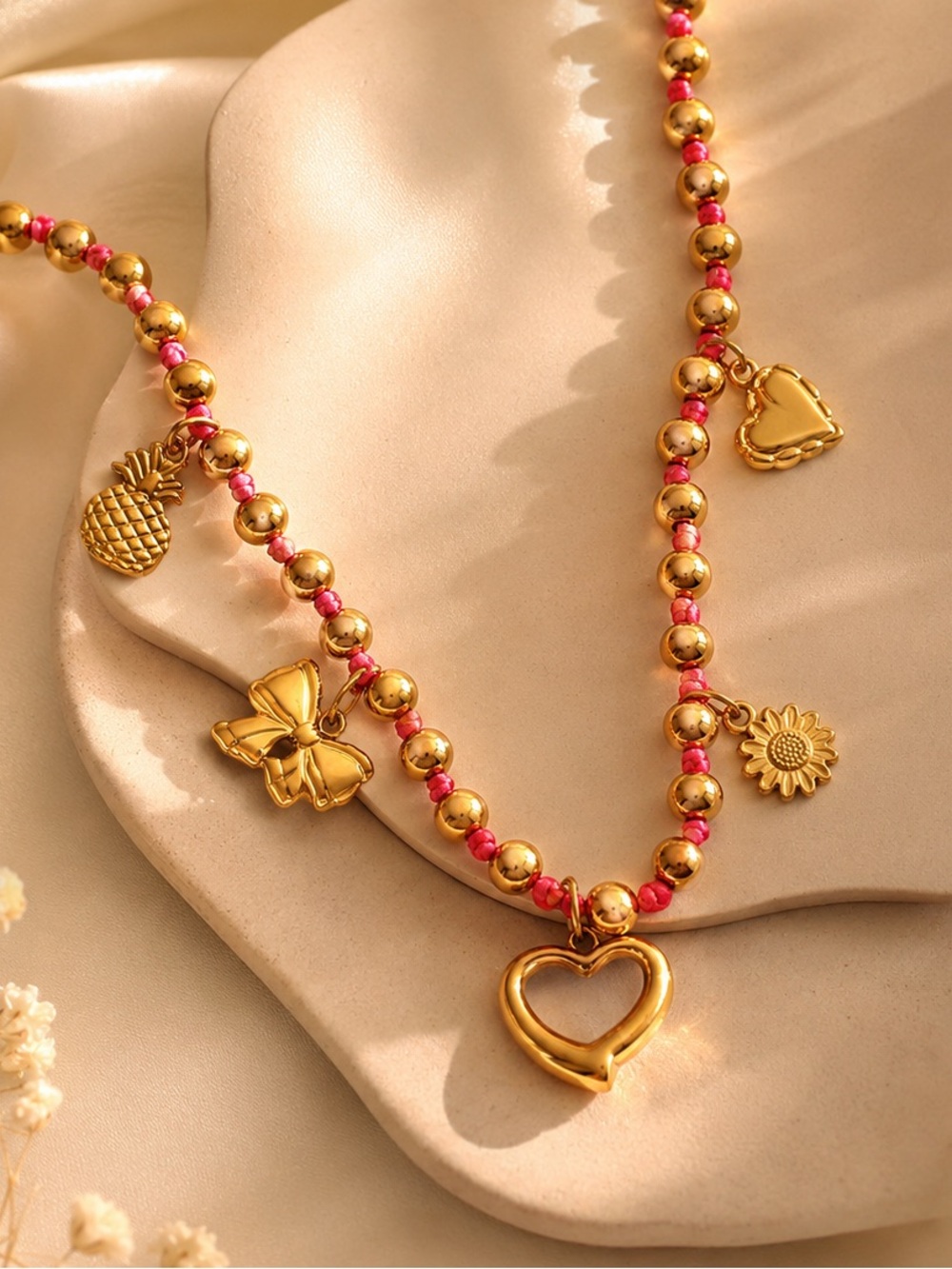 Multi Charm Beaded Necklace – Heart & Floral Charms